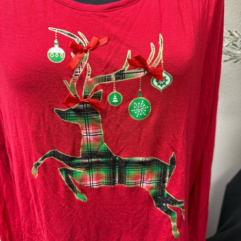 Rebecca Malone Red Plaid Reindeer Long Sleeve Christmas Holiday Top XL - Picture 2 of 8